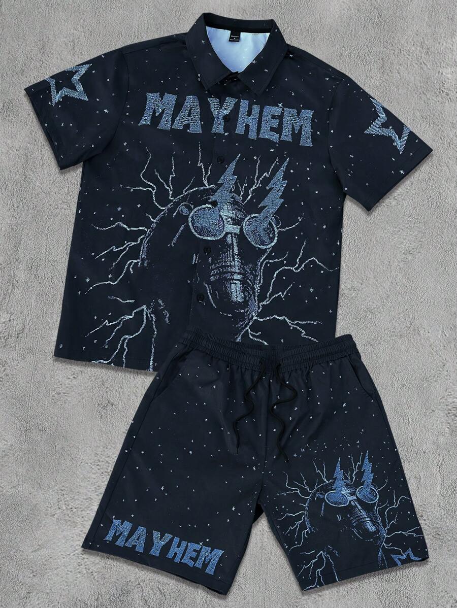 Manfinity EMRG Men's Figure & Letter Print Short Sleeve Shirt And Shorts Set Matching Sets Men - Navy Blue - View 1