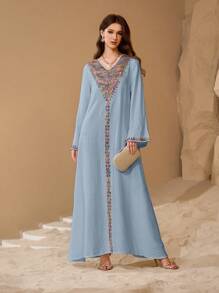 Al Najma Spring/Summer V-Neck Flare Sleeve Hand-Knit Sequins Embroidered Flowy Dress, Modest - Dusty Blue - View 6