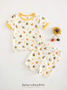 Cozy Pixies Conjunto de Pijama com 2 Peças para Bebê Menino, Top de Manga Curta com Gola Redonda e Costuras Macias com Estampa de Animal em Malha Ajustada e Shorts de Cintura Elástica