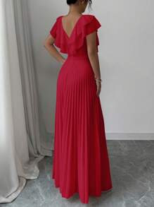 Elenzga V-Neck Ruffle Waist A-Line Elegant Romantic Dress For Women - Red - View 3