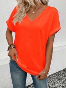 SHEIN LUNE Women Drop Shoulder V-Neck T-Shirt - Orange - View 4
