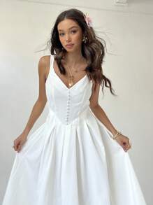 Aloruh Women's Solid Color Thick Strap Fold Pleated Sleeveless Dress - White - View 7