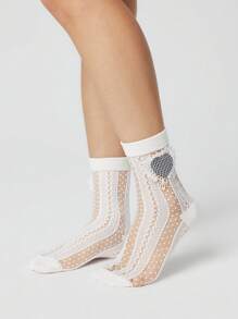 ROMWE Kawaii 1 Paio di calze lunghe versatili da donna con decorazioni in cristallo a cuore bianco a quadri e a pois nere a onde, traspiranti, adatte per tutte le stagioni