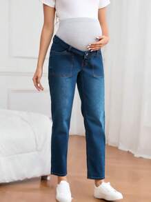 SHEIN Maternity Casual Washed Color Block High Waist Denim Jeans - Dark Wash - View 5