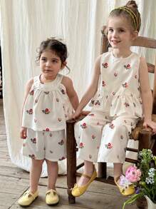 LMoss Kids LMoss   2pcs/Set Baby Girl Ditsy Floral Woven Crew Neck Sleeveless Top And Shorts Set,Set Sisters Outfit - Multicolor - View 6
