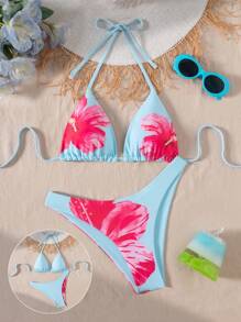 Swim Mod Conjunto de bikini para mujer con top halter de espalda descubierta y shorts con estampado lindo, ideal para vacaciones de primavera