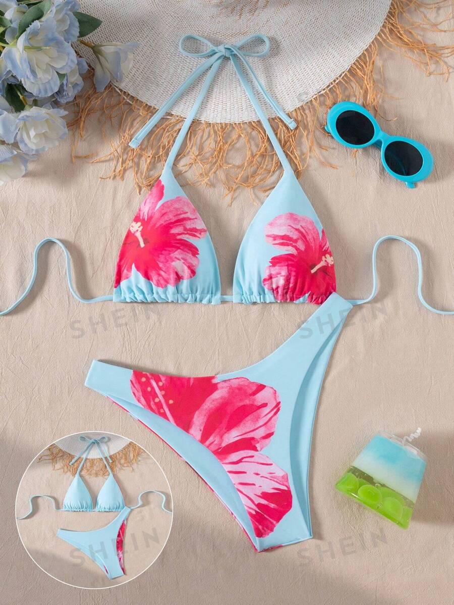 Swim Mod Conjunto de bikini para mujer con top halter de espalda descubierta y shorts con estampado lindo, ideal para vacaciones de primavera