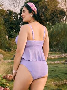 Swim Mod Plus Size Women's 2Pcs Crinkle Texture Rhinestone Embellished Front Slit Hem Top And High-Waisted Triangle Bottom Swimwear Set, Sweet & Cute, For Vacation & Daily Wear - Purple - View 2