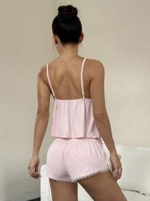 SHEIN Unity 2pcs Casual Set - Lace Trim Knit Bra Top With Loose Hem & Tie-Waist Shorts With Lace Trim - Pink - View 2