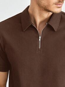 Manfinity BRENVOR Men's Casual Knitted Slim Fit Raglan Zip-Up Short Sleeve Polo Shirt, Suitable For Everyday Wear - Brown - View 3