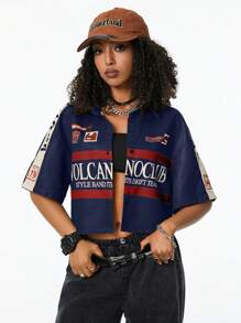 Coolane 女士橄榄绿复古运动短袖衬衫 - 藍色 - 查看 1