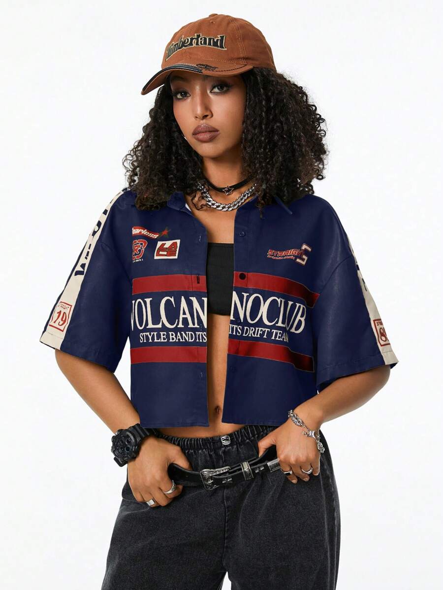 Coolane 女士橄榄绿复古运动短袖衬衫 - 藍色 - 查看 1