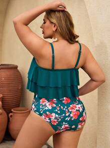 Swim Lushoire Ensemble 2 pièces pour femmes grandes tailles, avec débardeur à bretelles fines, col rond, pantalon à volants en taille, imprimé floral aléatoire. Tenue d'été pour la plage et les vacances