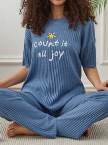 RueChic Women Contrast Colur Slogan Pattern Homewear Basic Lounge Set - Royal Blue - View 3