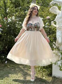 Lyrianda Robe élégante en jacquard à double couche et volants aux manches sans manche, coupe évasée, couleur abricot, convient pour les vacances, le printemps/été, pour femmes grandes tailles