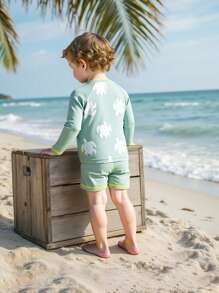 3pcs/Set Baby Boy Ocean Turtle Print Long Sleeve Zipper Two Pieces Swimwear Set With Sun Hat - Army Green - View 2