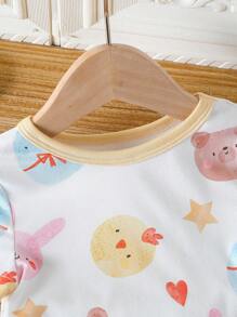 2pcs Baby/Baby Girl Cute Chick, Rabbit, Bear Print Short Sleeve Top And Leggings Pajama Set, Spring/Summer - Multicolor - View 3