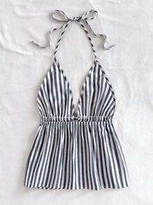 Soleia Vacation Beach Halter Neck Tied Contrast Stripe Tank Top