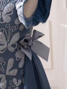 Toddler Girls' Ruffle Sleeve Dress, Black-Gold Color-Blocked Butterfly Decor Mesh Panel Design, Elegant & Luxurious, Suitable For Party, Gathering, Spring & Summer - Blue - View 5