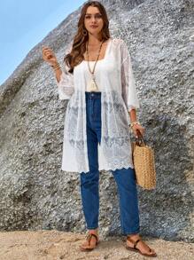 EMERY ROSE Plus Size Holiday Casual Solid Color Hollow Out Drop Shoulder Jacket - White - View 5