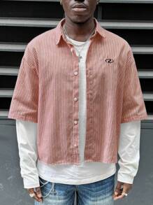 Manfinity RebelGame Camisa de manga larga con estampado de rayas, holgada, para hombres - Rojo - Ver 6