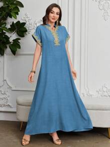 Al Najma 刺绣立领无袖优雅连衣裙，卡夫坦 - 藍色 - 查看 4