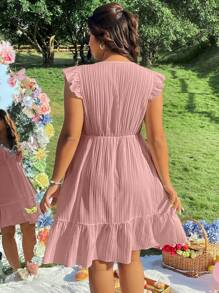 SHEIN LUNE Plus Size V-Neck Embroidered Trim Textured Holiday Casual Dress - Pink - View 2