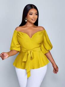 SOLERSUN Plus Size Women Off-Shoulder Puff Sleeve Knotted Waist Blouse