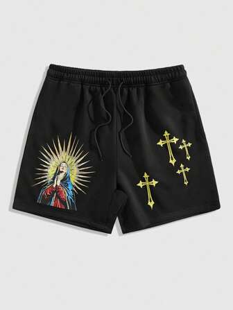 Goth Herren Shorts mit Kreuz-Aufdruck, tiefer Sitz, Streetstyle Vintage