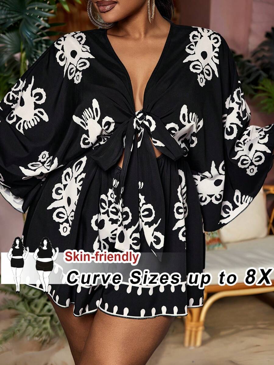 SHEIN CURVE+ Bộ đồ liền thân cổ chữ V rộng rãi phong cách Bohemian dành cho nữ cỡ lớn, thích hợp cho lễ hội âm nhạc - Nhiều màu - Xem 1