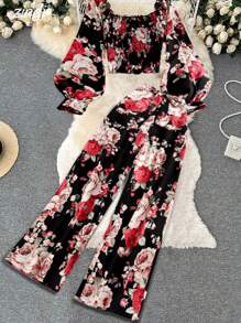 SHEIN LUNE Court Retro  2pcs/Set Plus Size Women Holiday Floral Print Blouse And Pants Set - Multicolor - View 1