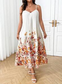 SHEIN Clasi Váy ngủ Gentle Goddess họa tiết hoa mùa xuân/hè cỡ lớn cho nữ phong cách Hàn Quốc đi biển - Màu be - Xem 1