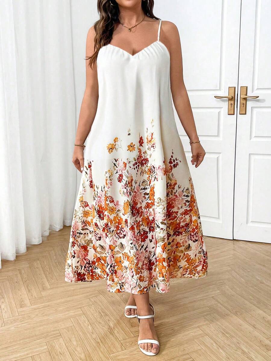 SHEIN Clasi Váy ngủ Gentle Goddess họa tiết hoa mùa xuân/hè cỡ lớn cho nữ phong cách Hàn Quốc đi biển - Màu be - Xem 1