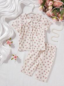 2pcs Baby Girls Simple Fresh Pink Ditsy Floral Peter Pan Collar Short Sleeve And 3/4 Pants Casual Homewear Set Baby Baby Girls Sets Baby Clothes Set Sets For Baby Girls Baby Clothing Baby Girls Sets - Pink - View 3