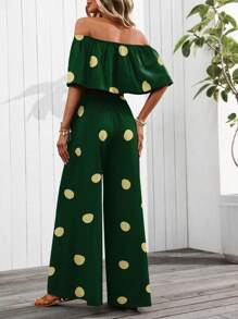 SHEIN Clasi Off Shoulder Polka Dot Print 2 Pieces Set (Asymmetric Cut Pattern) - Dark Green - View 2