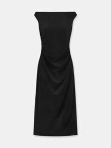 Maija 女士优雅纯色露肩连衣裙，夏季 - 黑色 - 查看 5