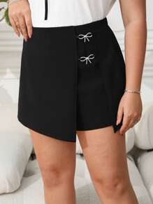 SHEIN Clasi Plus Size Black Knitted Casual Shorts With Rhinestone Bow Detail And Split Design - Black - View 2