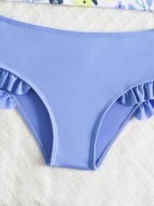 SHEIN Spring/Summer Girls/Toddler Swimsuit New Arrival Strap Tankini Set, Round Neck Long Sleeve Swimsuit With Solid Light Purple Swim Trunks, Sweet Floral Pattern, Rococo Style, Macaron Colors, Ruffle Trim Toddler Girl Bathing Suits Toddler Clothes 4t Toddler Girls Outfit Sets Toddler Girl Tops Toddler Girl 5t Summer Holiday