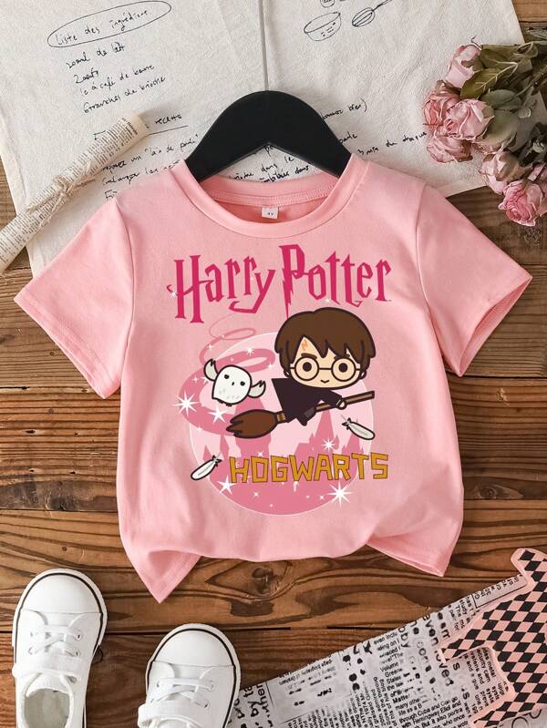 HARRY POTTER X SHEIN Tricou cu mânecă scurtă cu desene animate casual pentru fete Tween, potrivit pentru vară