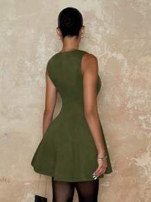 SHEIN BAE Vestido elegante con cintura ceñida y estilo evasé sin mangas de unicolor, adecuado para primavera, verano, vacaciones y citas