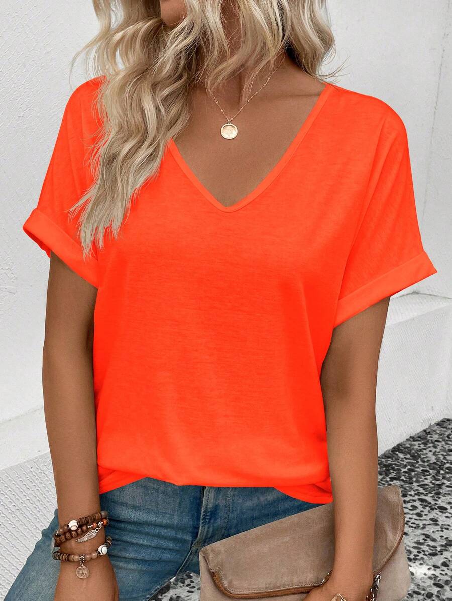 SHEIN LUNE Women Drop Shoulder V-Neck T-Shirt - Orange - View 1