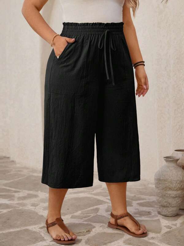 SHEIN VCAY Plus Size Women's Solid Color Tie Waist Pockets Wide Leg Casual Pants