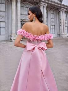 Glamrae Spring And Summer, Elegant, Romantic, Dignified, Fashionable, Lotus Pink Color, Satin, Sequin Stitching, Strapless Three-Dimensional Flower Decoration, Detachable Waist Ribbon, Bow, Back Strap, Train, Large A-Line Dress, Suitable For Birthday Parties, Wedding Guests, Vacation, Holiday Dances, Back To School Season, Graduation Season, Formal Dinner Dresses(Heavy Model), Party Dress, Gown, For Evening,Graduation,Teacher Outfits For Women,Teacher Dress - Pink - View 3