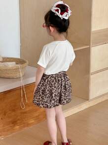 DAZY Bộ 2 món/Bộ áo len cổ tròn thêu họa tiết da báo cho bé gái, trang phục mùa hè cho bé gái - Màu be - Xem 6