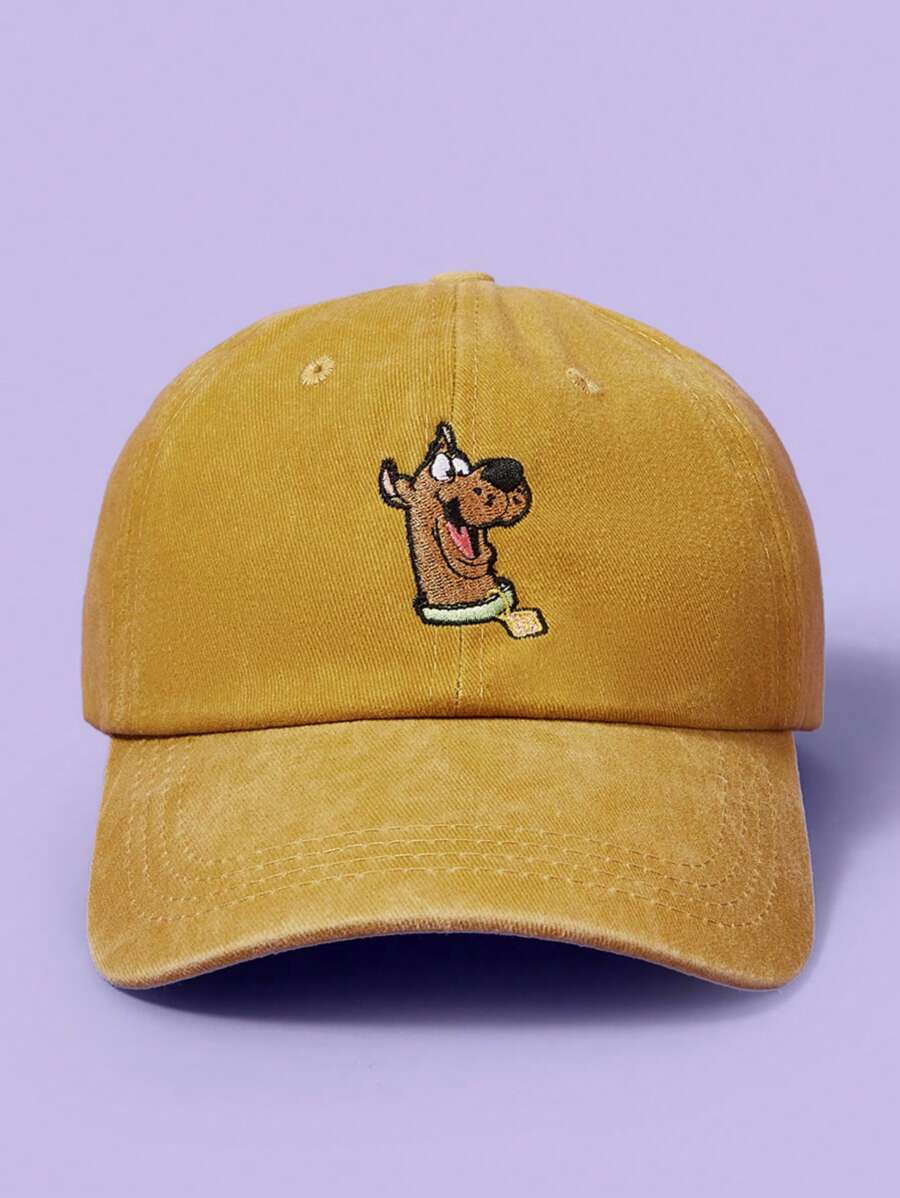 SCOOBY-DOO X SHEIN Fashionable Casual Scooby Dog Embroidered Washed Baseball Cap - Yellow - View 1