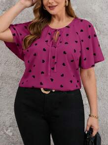 SHEIN Clasi Áo sơ mi mùa hè hình trái tim nhún bèo cỡ lớn, thời trang và phù hợp cho mùa hè - Màu Hồng Tươi - Xem 1