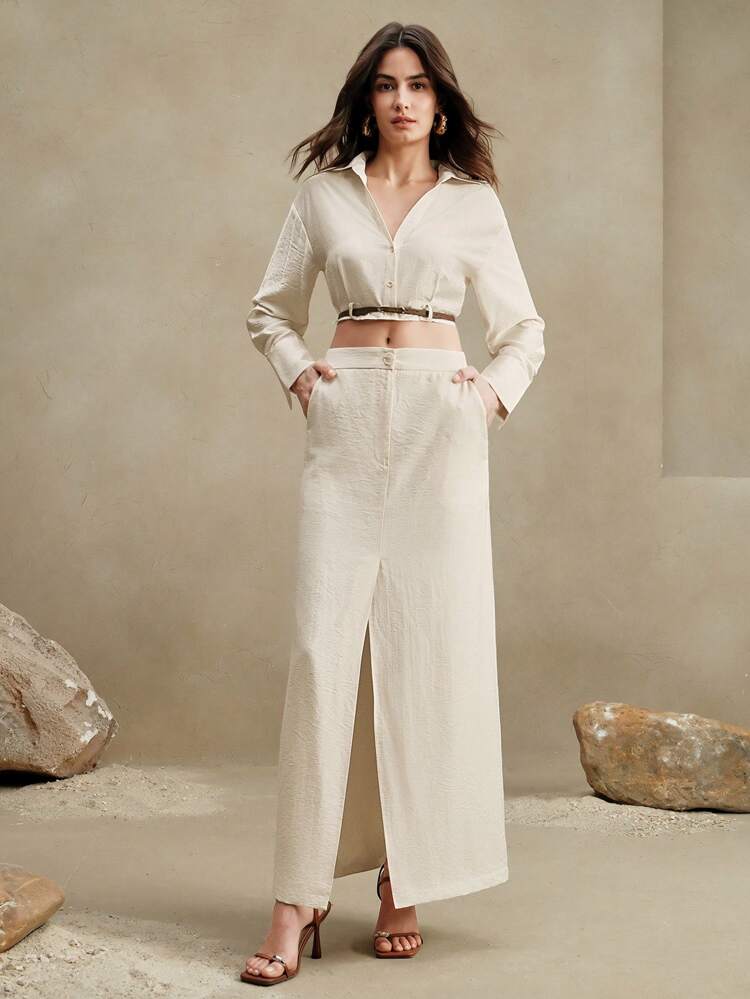 Oldmoney, Wedding Guest Dress - Women's Elegant Modern Shirt Collar Short Dress With Belt And A-Line Skirt 2 Pieces Outfit, Spring/Summer Clothes For Women