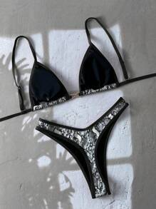 Swim Vcay 2 件套春假夏季度假动物印花随机图案金色点缀短款上衣和高腰比基尼泳裤性感泳衣套装 - 彩色 - 查看 2