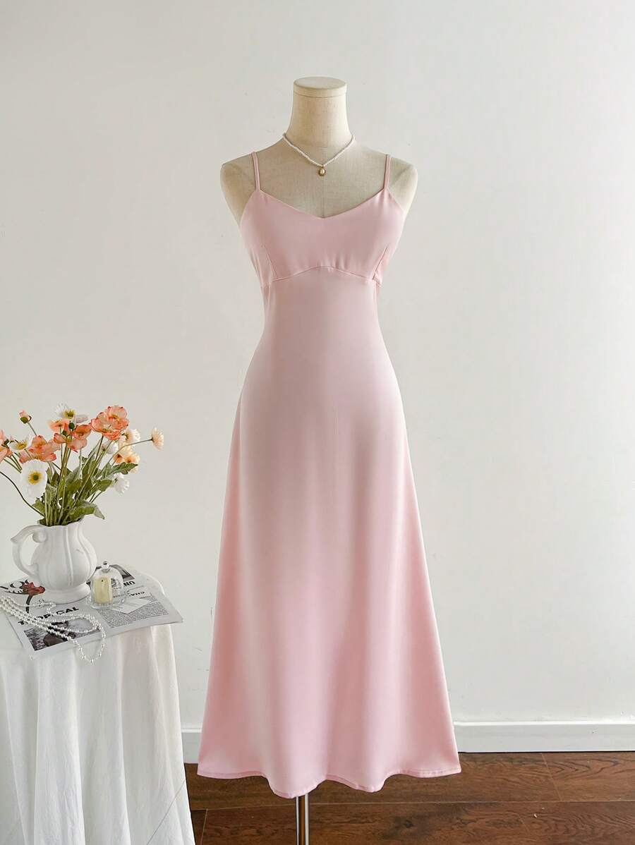 Elamini Vrouwen Elegante Roze Sexy Spaghettiband Taille Definiërende Midi-jurk