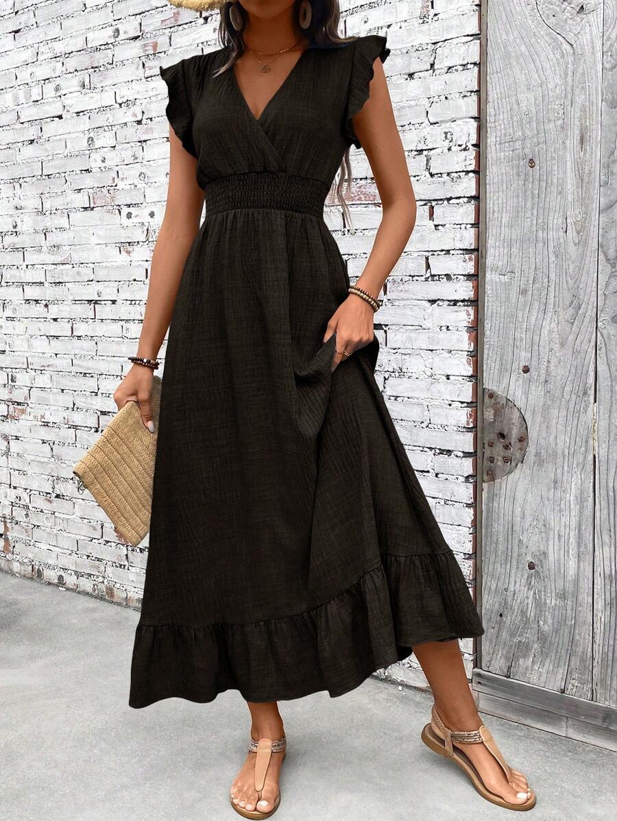 SHEIN Clasi Casual Minimalist Waist Gathered Women Maxi Dress, Vacation Style - Chocolate Brown - View 1